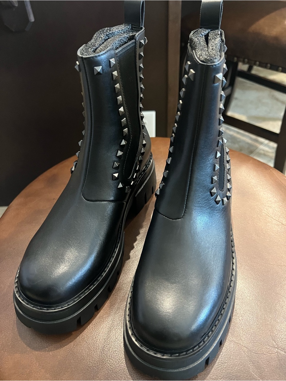 Ash Black Leather Lenny Studded Lug Chelsea Boots